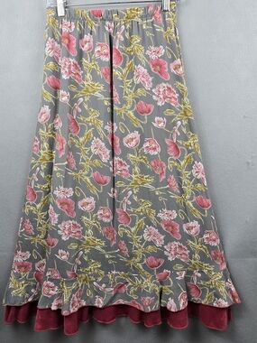 Vintage Nicole Marie Floral Rayon Maxi Skirt Small Gray Pink Velvet Trim Boho